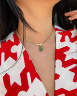 Green Tourmaline & Diamond Bar Necklace in 18k gold handmade fine jewelry on model 3