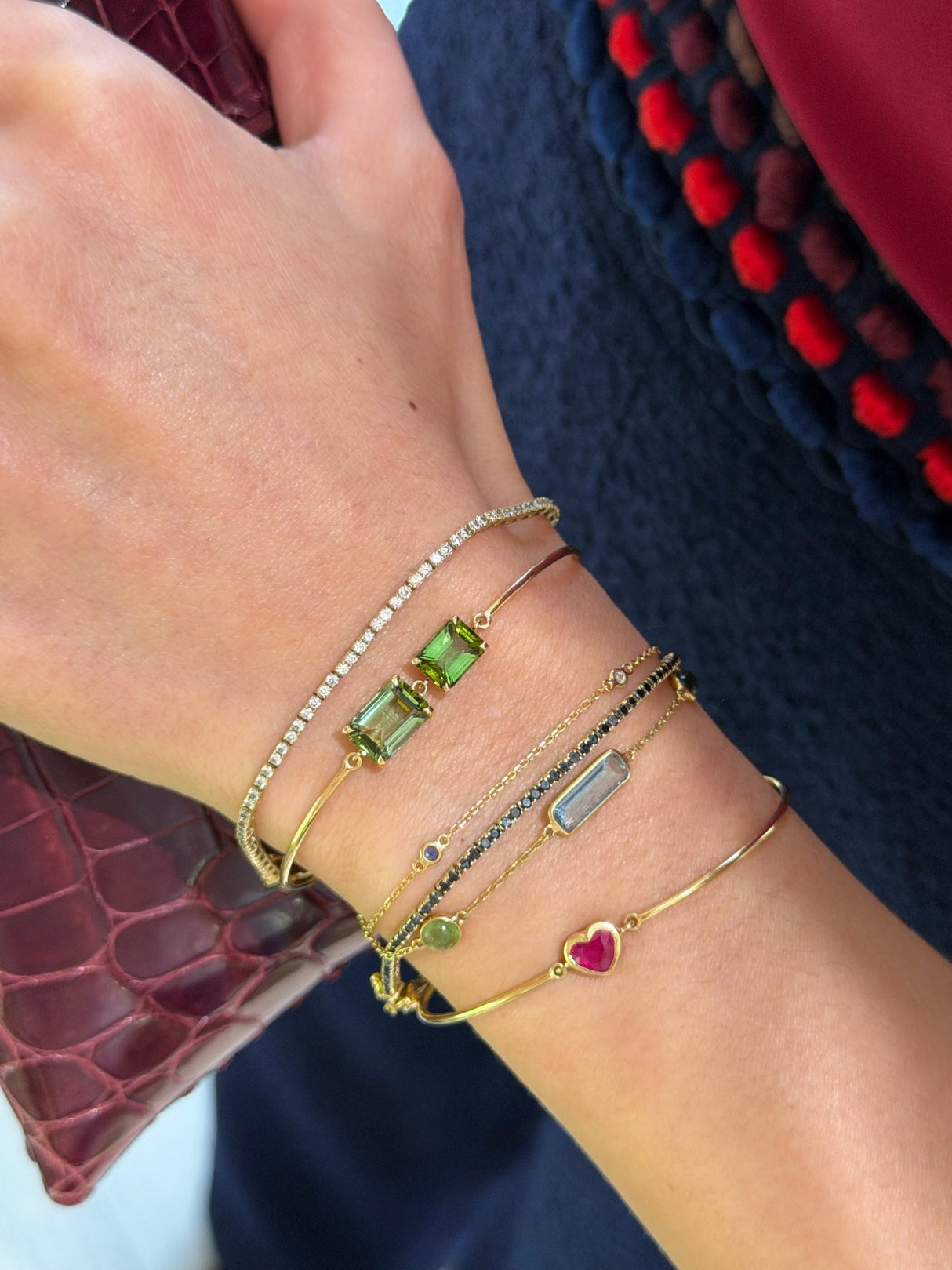 Green Tourmaline Duo Bar Bangle 18k gold Stackable design on model