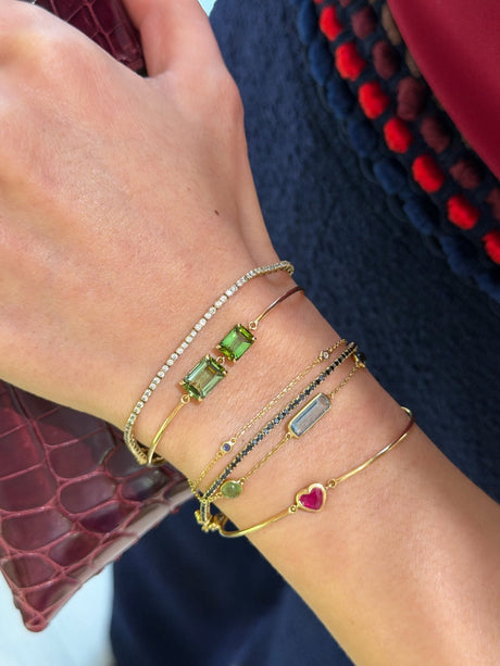 Green Tourmaline Duo Bar Bangle 18k gold Stackable design on model