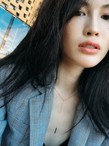 Green Tourmaline Lariat Bar Necklace 18k handmade fine jewelry on model