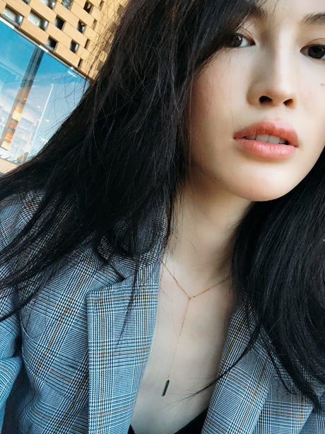 Green Tourmaline Lariat Bar Necklace 18k handmade fine jewelry on model