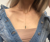 Green Tourmaline Lariat Bar Necklace 18k handmade fine jewelry on model 2