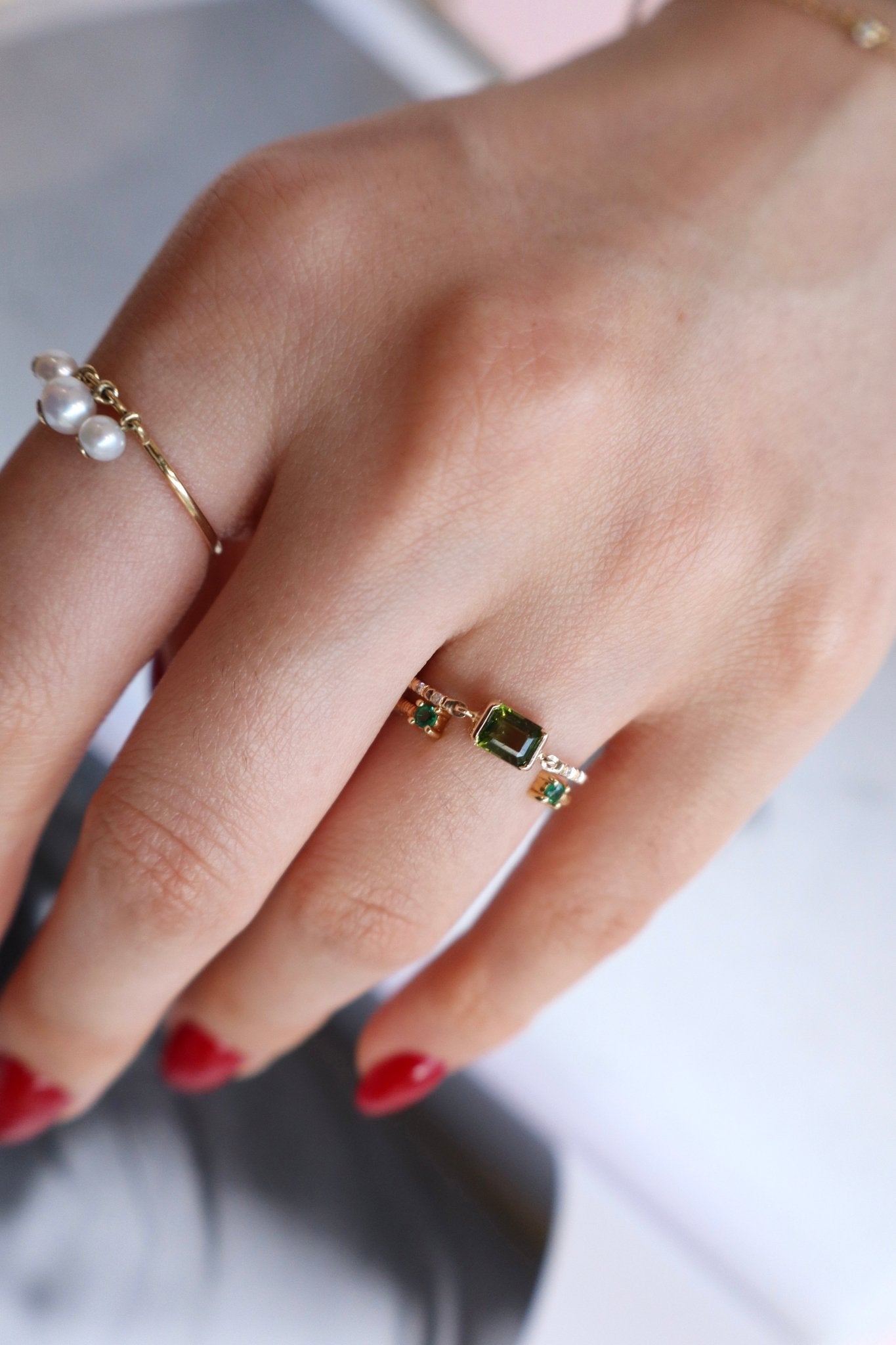 Green Tourmaline Petite Circle Diamond Ring 14k gold stackable ring 2 on model