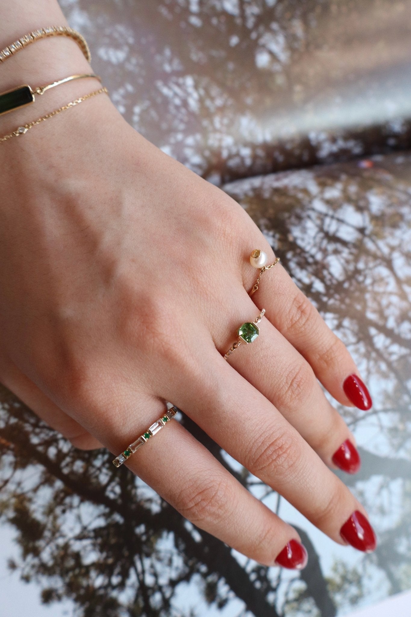Green Tourmaline Petite Circle Diamond Ring  18K Stackable ring on model