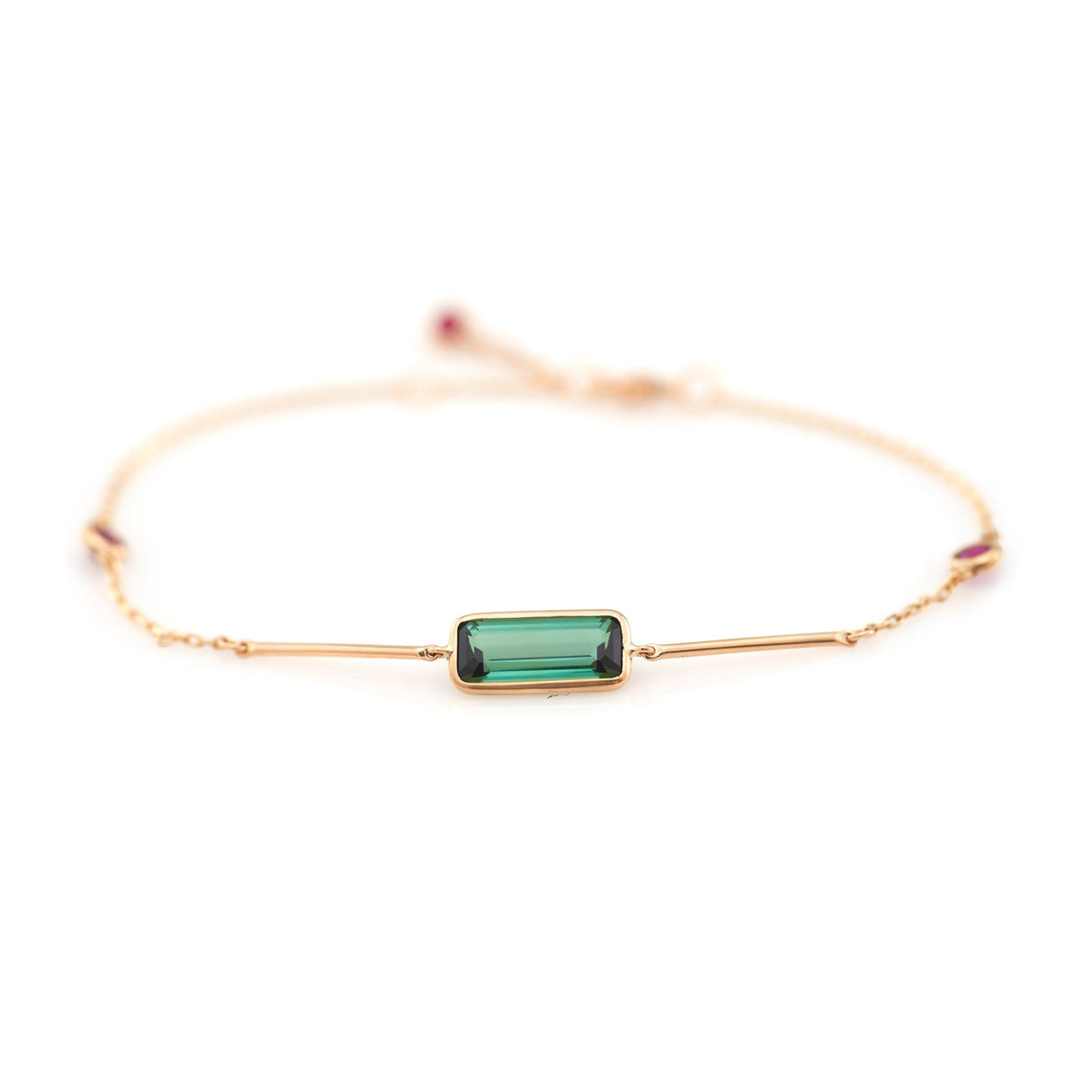 Green Tourmaline & Ruby Bar Bracelet 18k gold stackable design