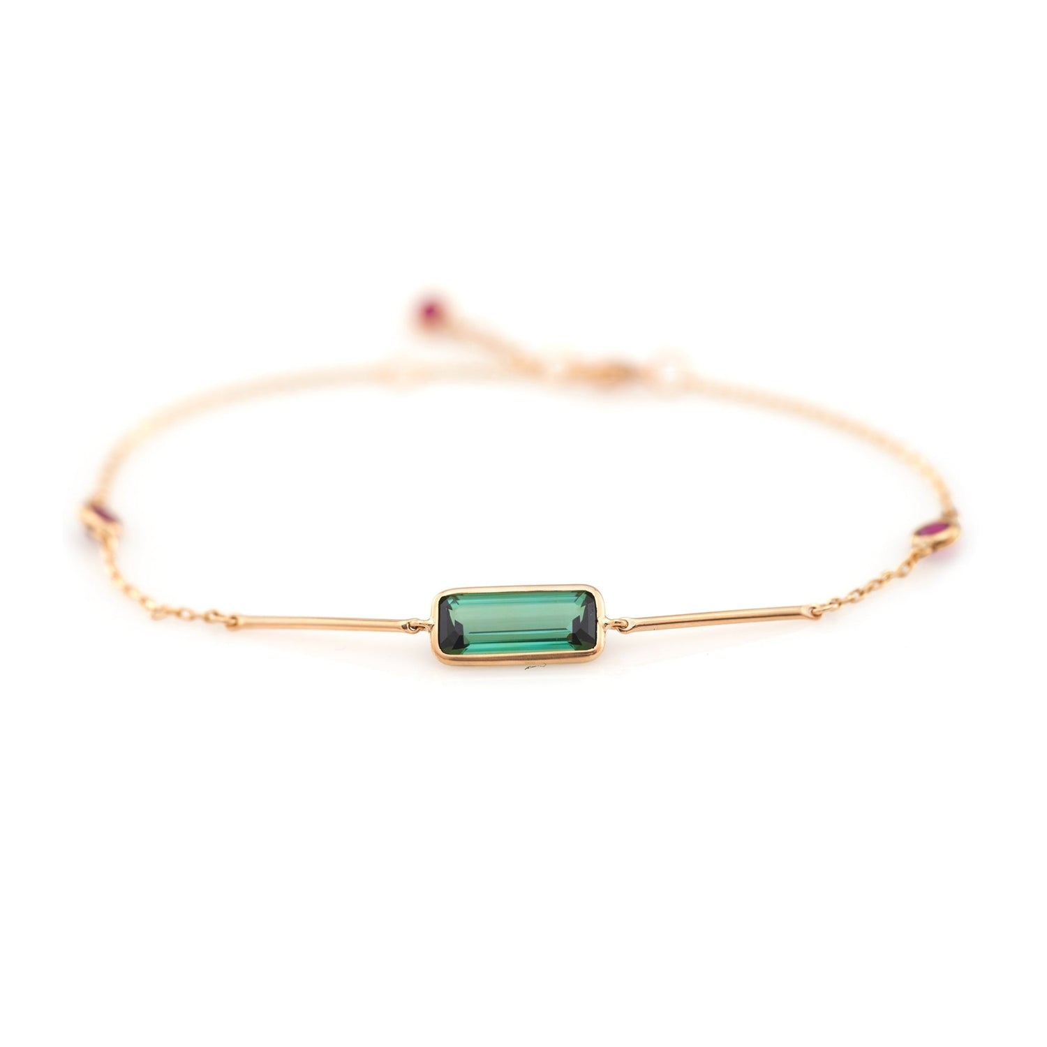 Green Tourmaline & Ruby Bar Bracelet 18k gold stackable design