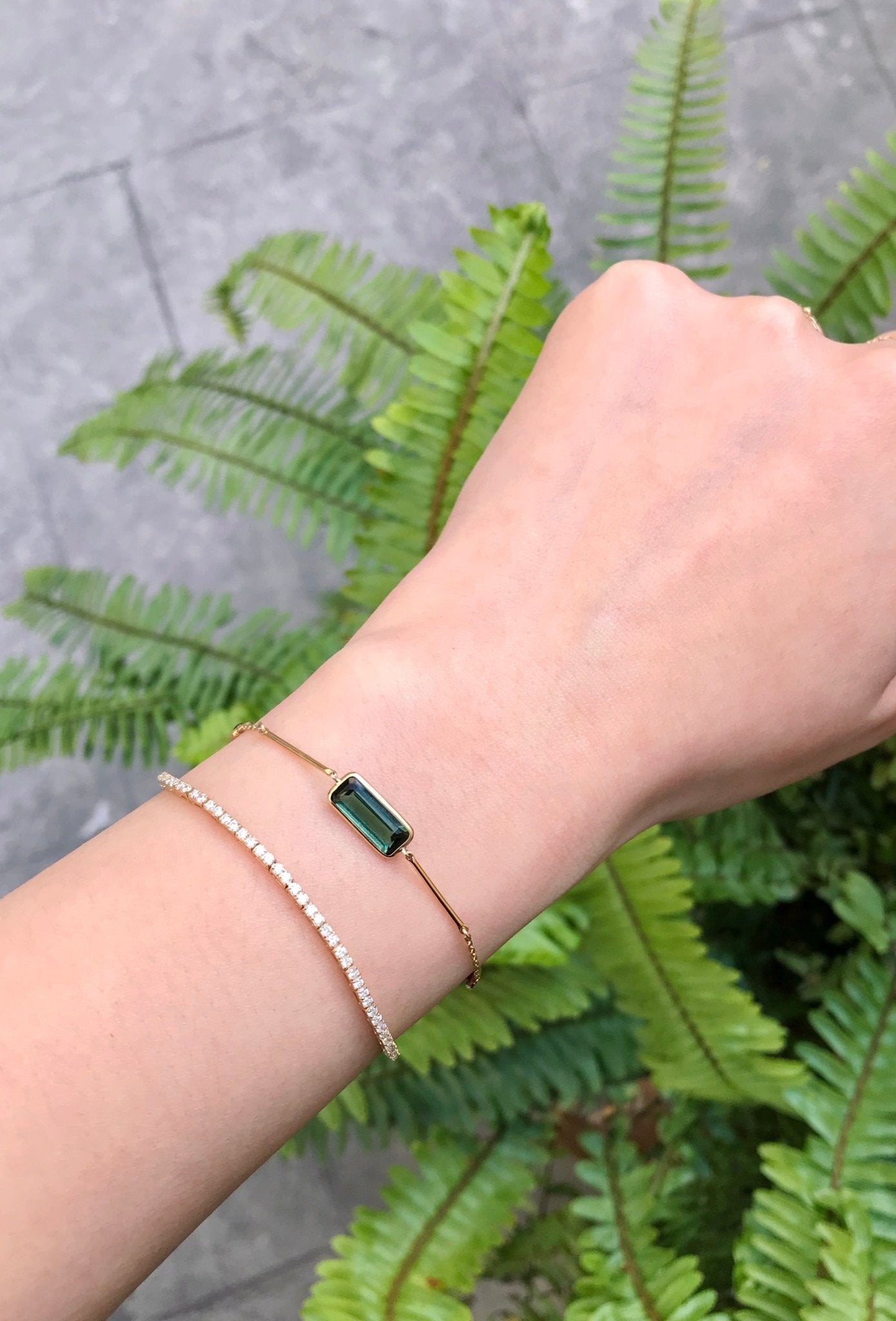 Green Tourmaline & Ruby Bar Bracelet 18k gold stackable design on model