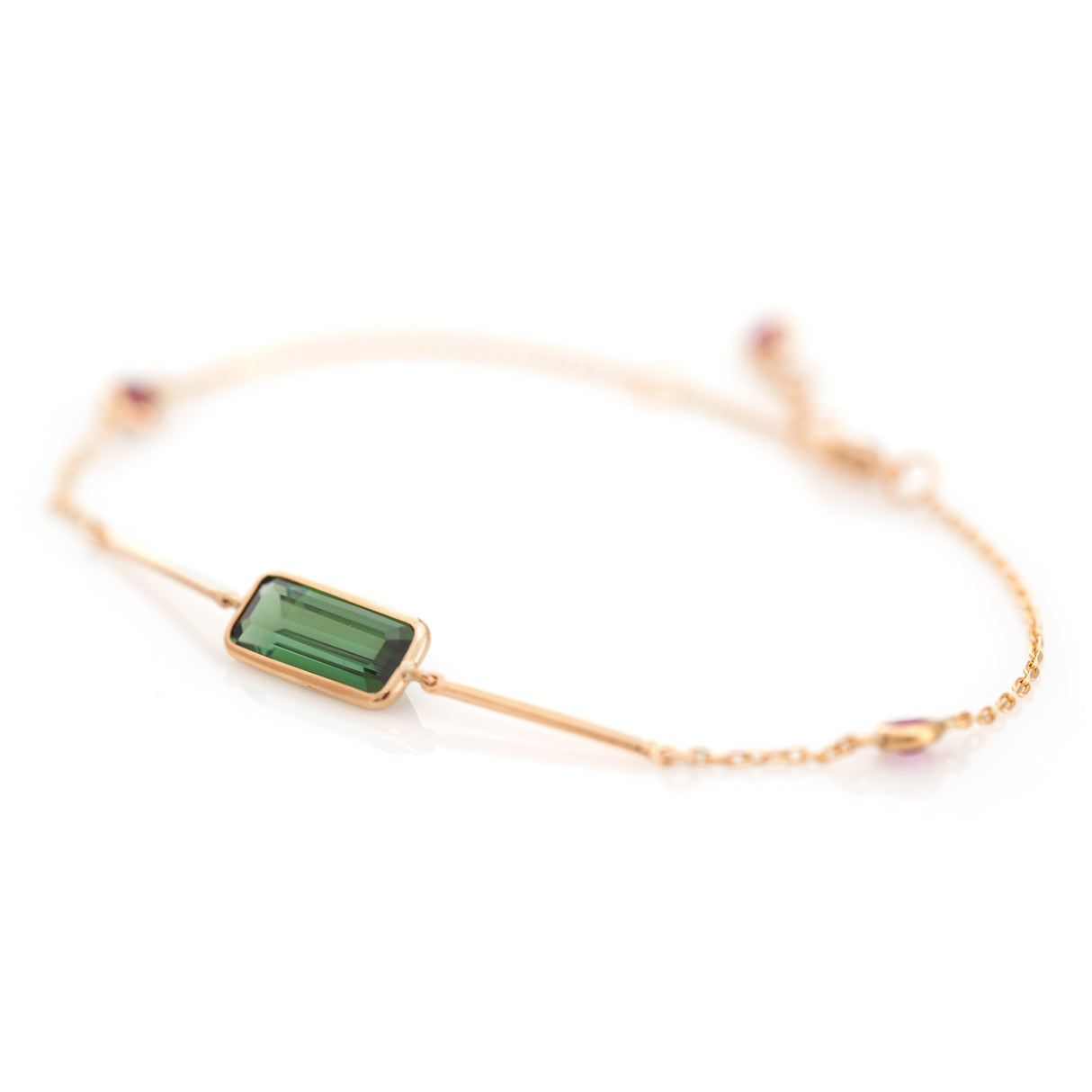 Green Tourmaline & Ruby Bar Bracelet 18k gold stackable design side view