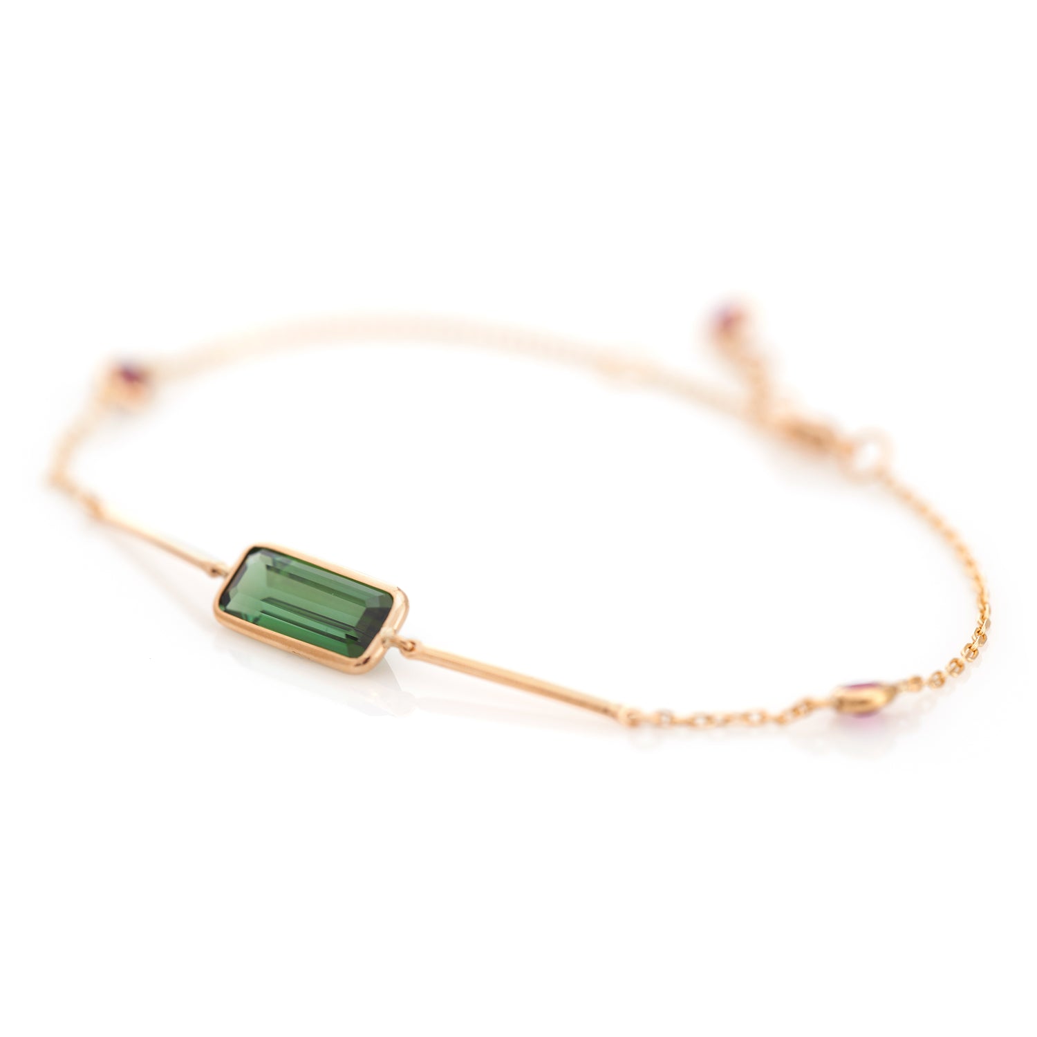 Green Tourmaline & Ruby Bar Bracelet 18k gold stackable design side view