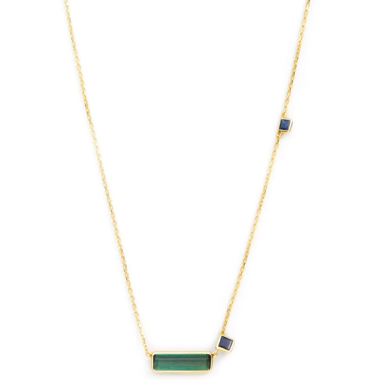 Green Tourmaline & Sapphire Bar Necklace 18k handmade fine jewelry