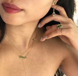 Green Tourmaline & Sapphire Bar Necklace in 18k gold handmade fine jewelry on model