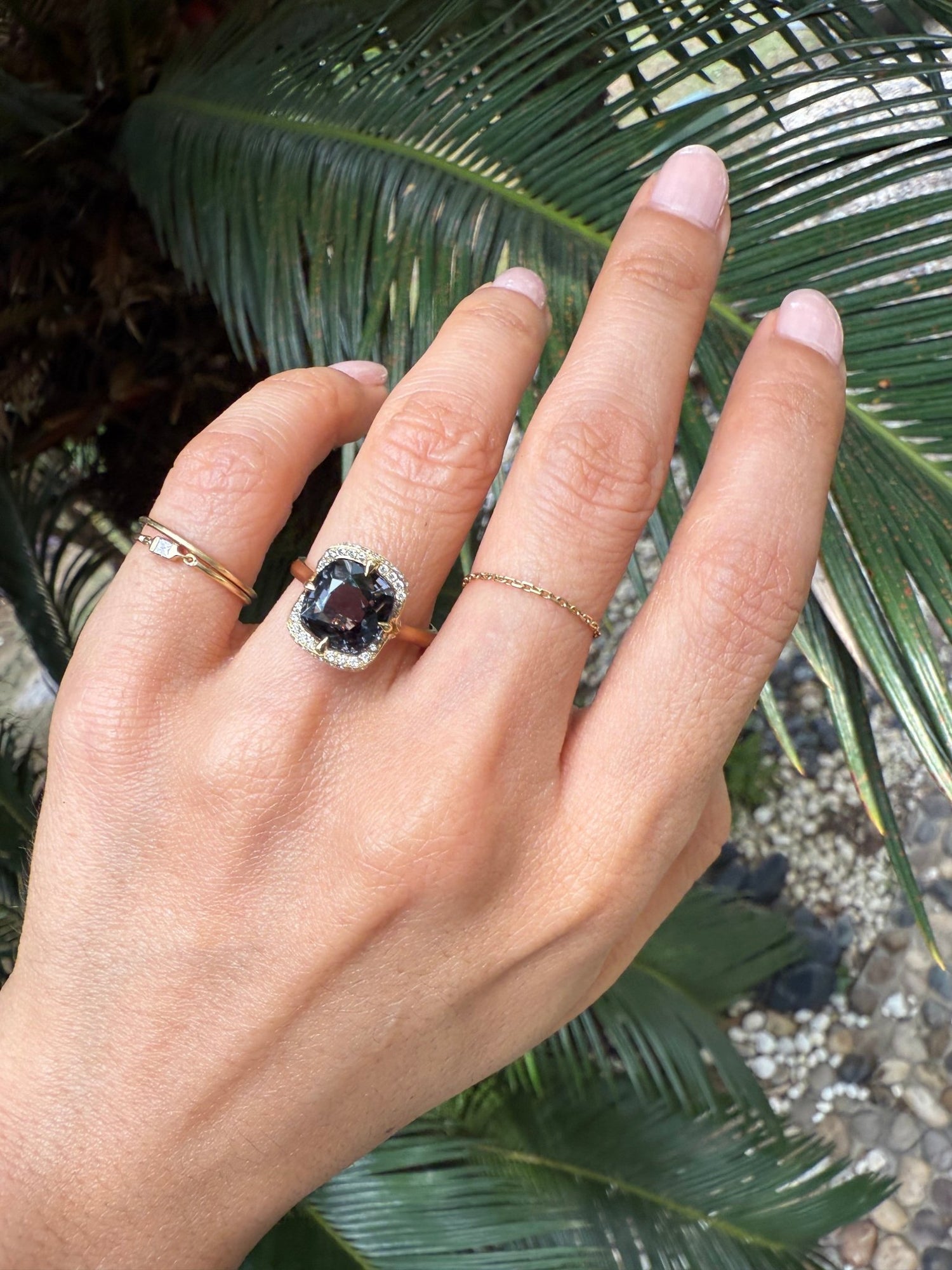 Grey Spinel Aurora Ring 18k gold engagement ring on model