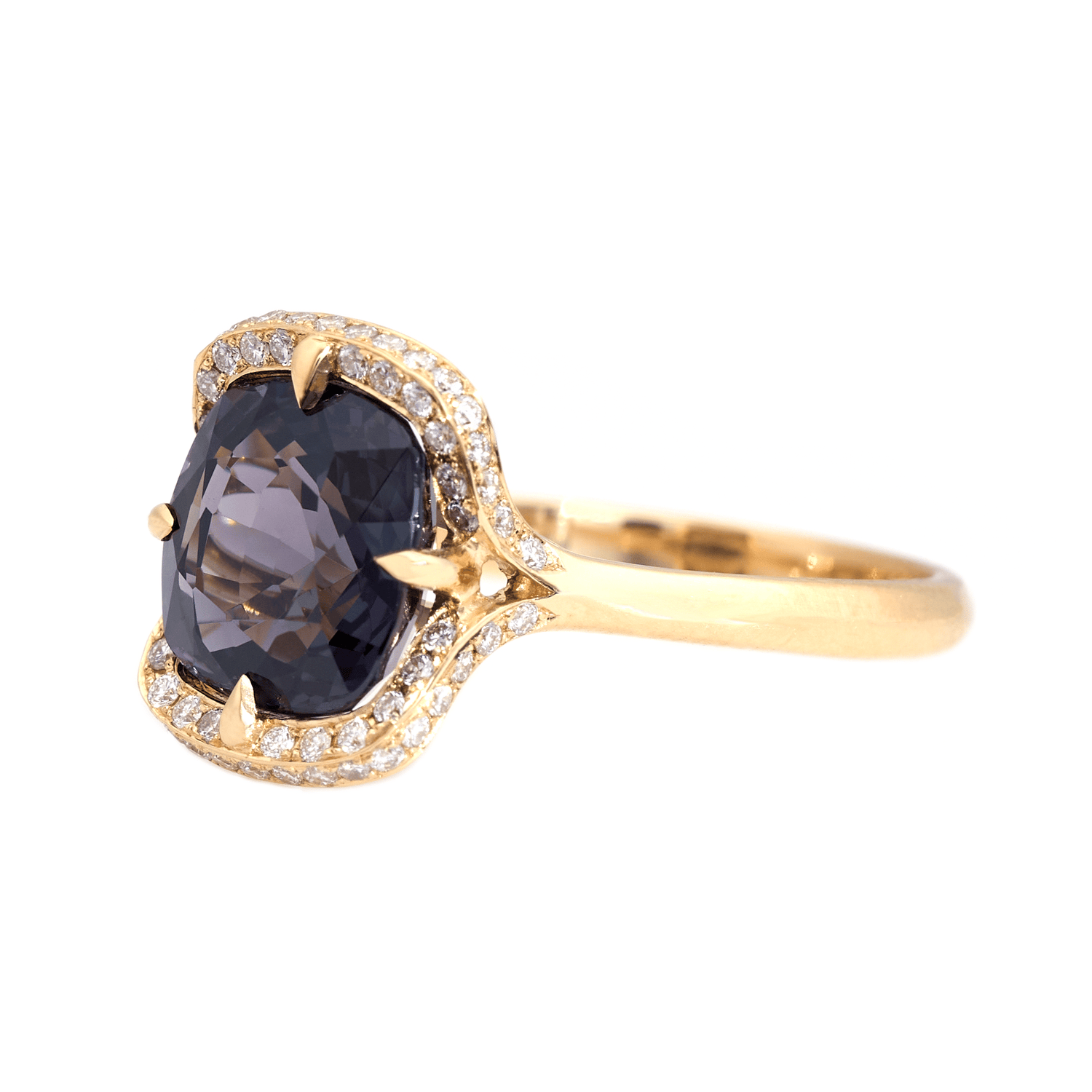 Grey Spinel Aurora Ring 18k gold engagement ring side view