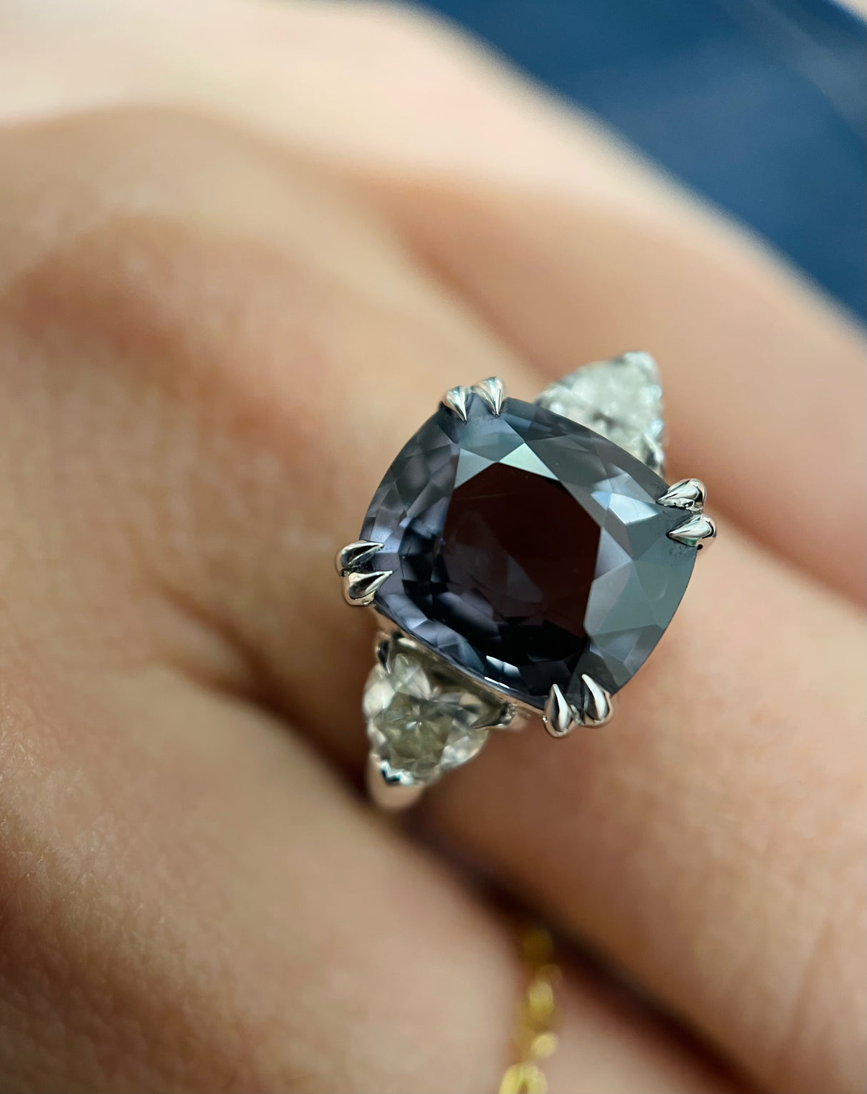 Grey Spinel & Diamond Forever Love Ring 18k gold engagement ring on model 