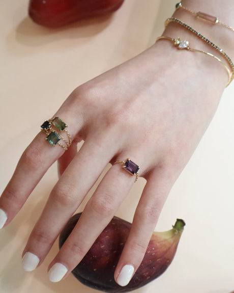 Handmade tourmaline Chain ring 18K Stackable ring on model