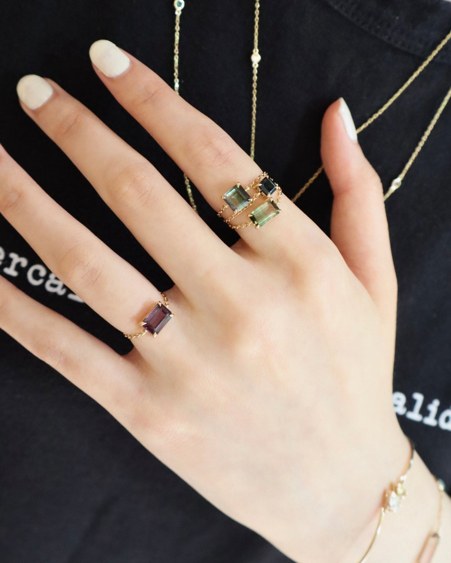 Handmade tourmaline Chain ring 18K Stackable ring on model 1