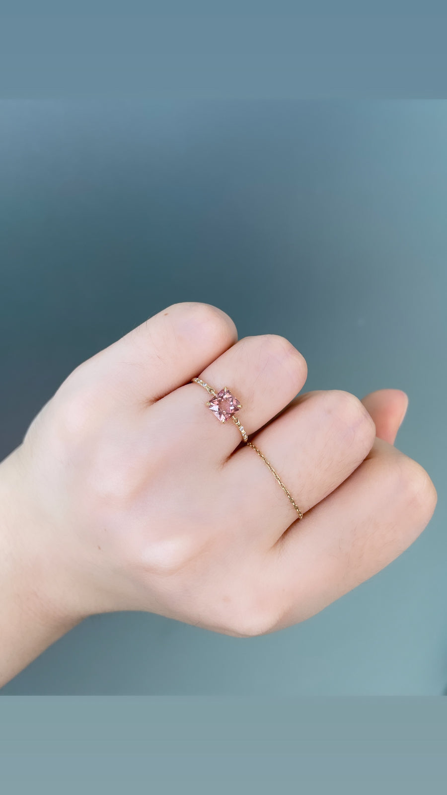 French cut Pink Tourmaline petite circle diamond ring