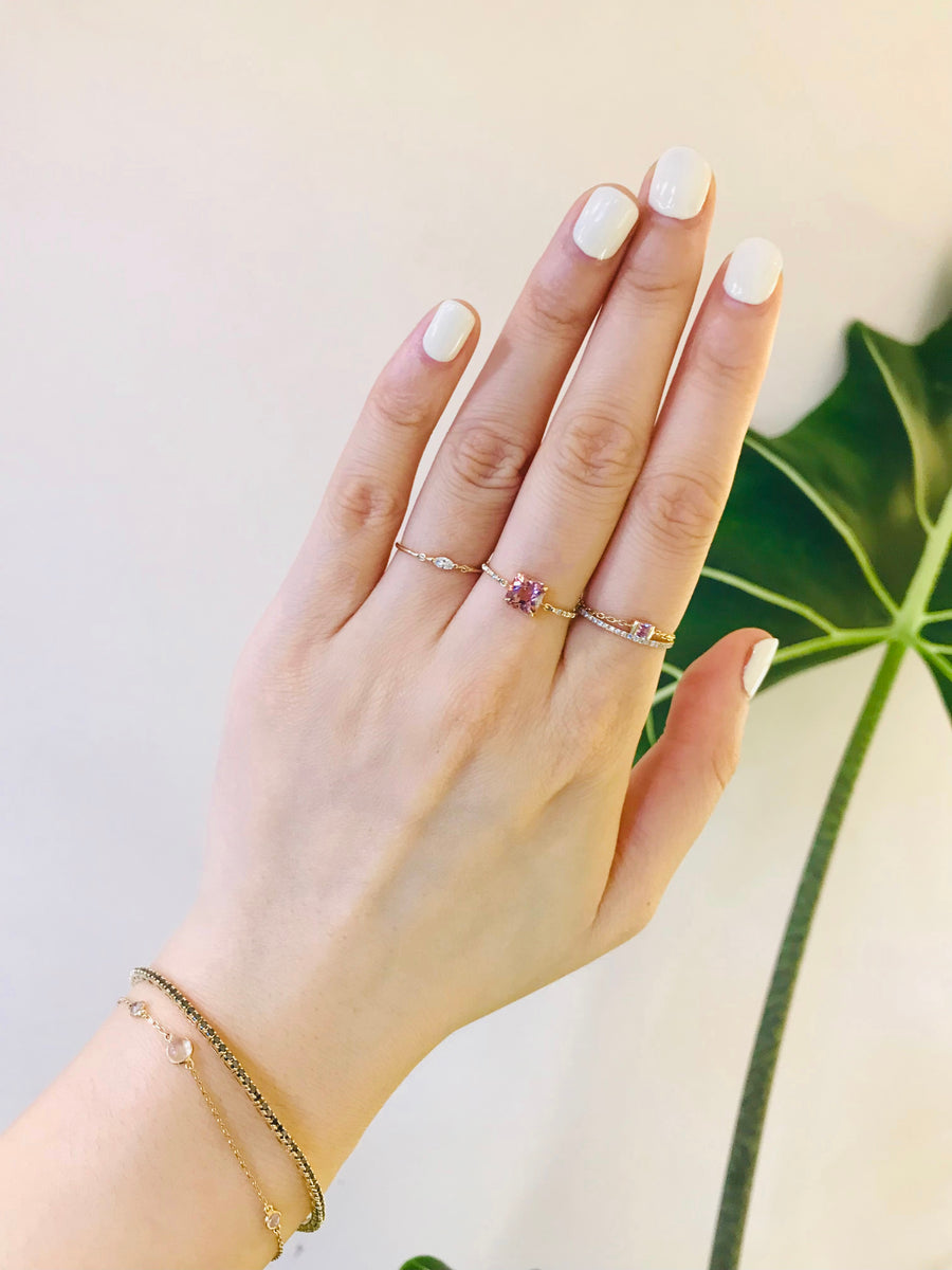 French cut Pink Tourmaline petite circle diamond ring