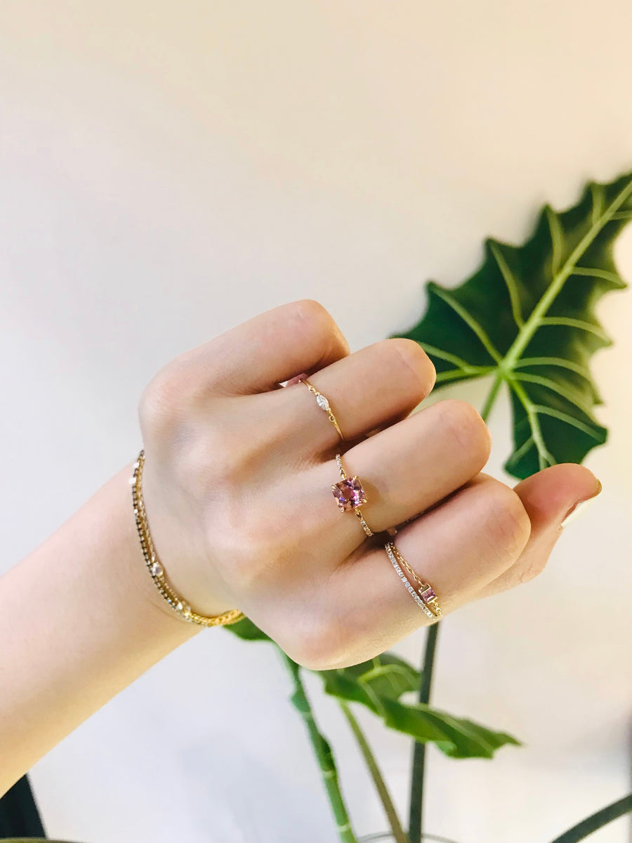 French cut Pink Tourmaline petite circle diamond ring