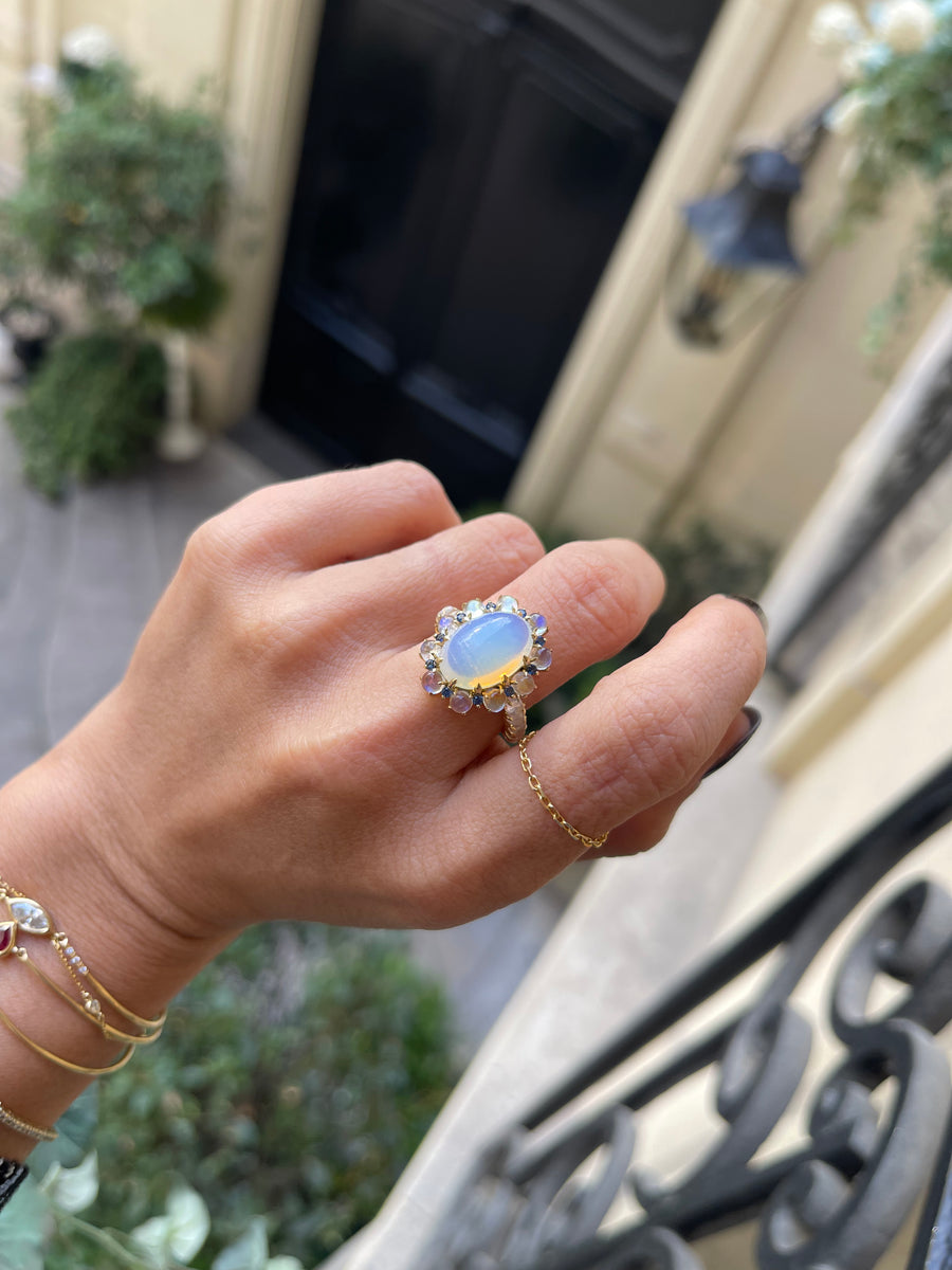 Opal Moonstone & blue sapphire bubble ring