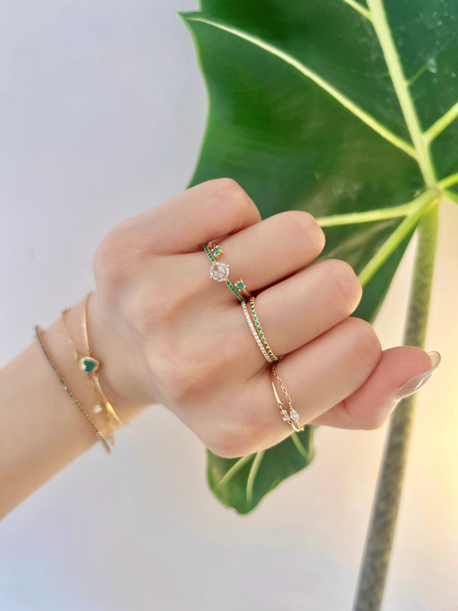 Round Rose Cut Diamond & Emerald Disco Ring