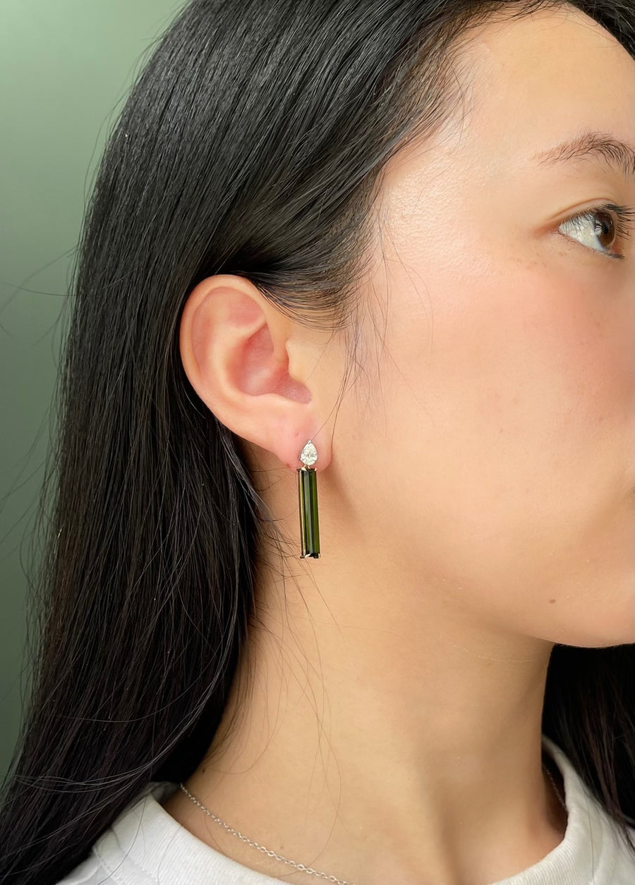 Green Tourmaline & Diamond Linear Earrings