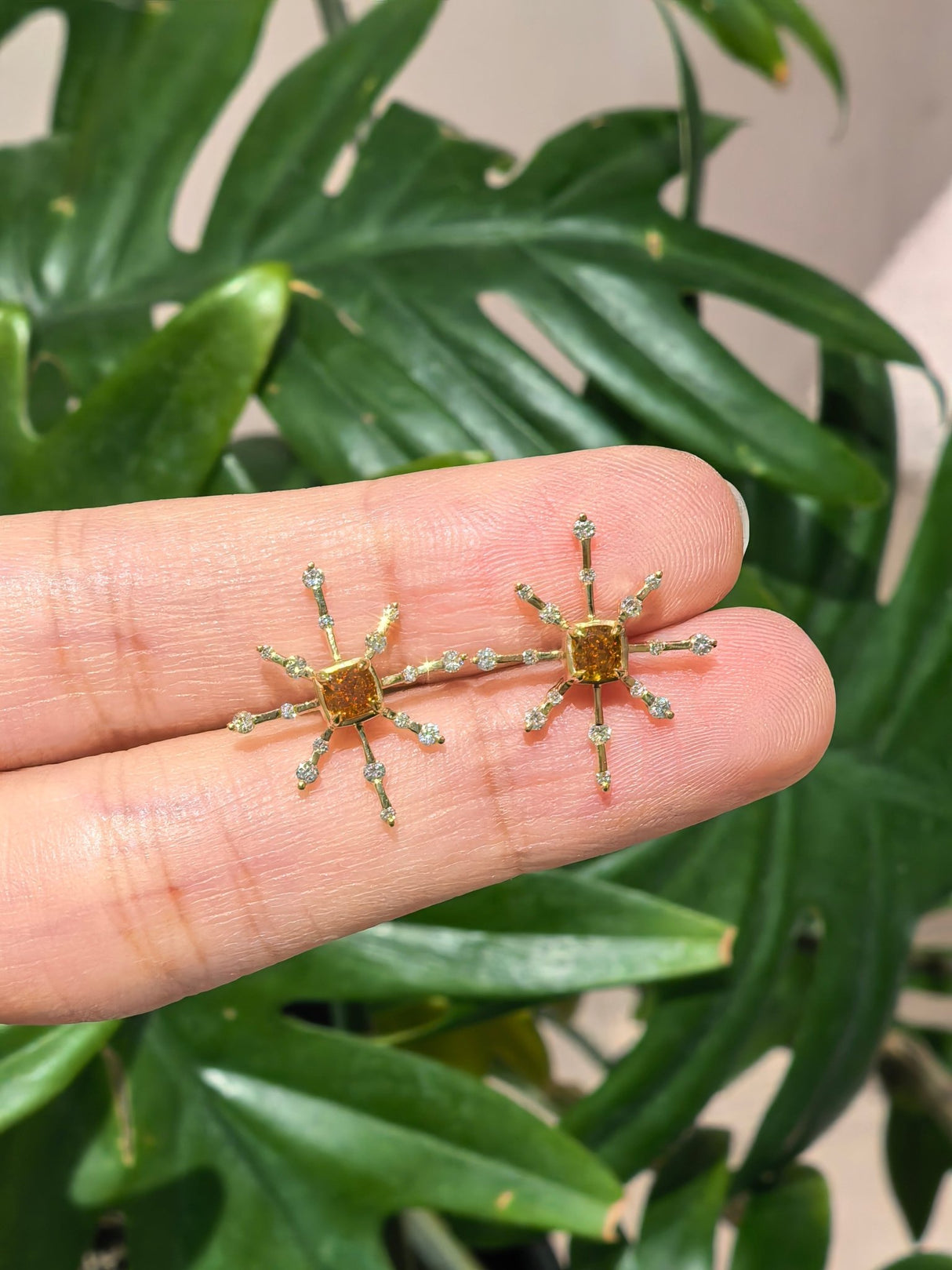 Cognac Diamond Cushion Cut Starburst Earrings