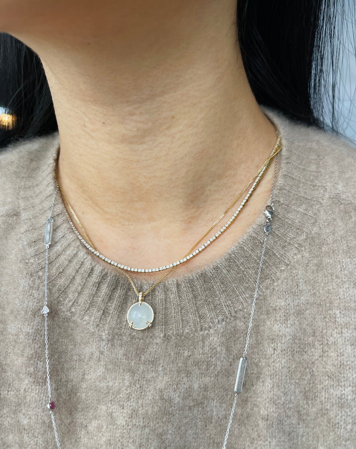 Ice Jadeite and Diamond Zen Necklace 18k handmade fine jewelry on model 2