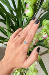 Indicolite Bar Chain Ring 14k gold Stackable ring on hand