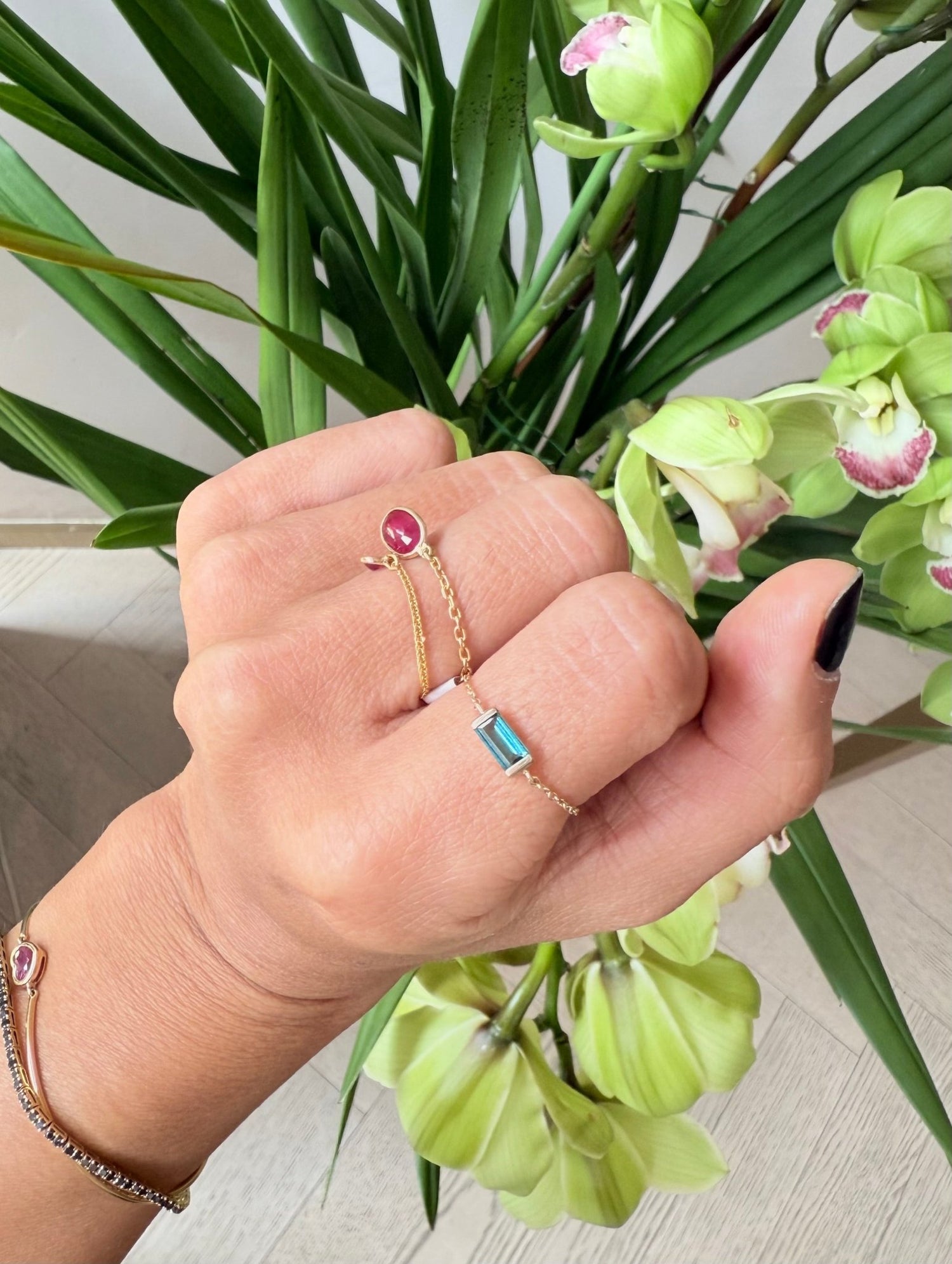 Indicolite Bar Chain Ring 14k gold Stackable ring on hand