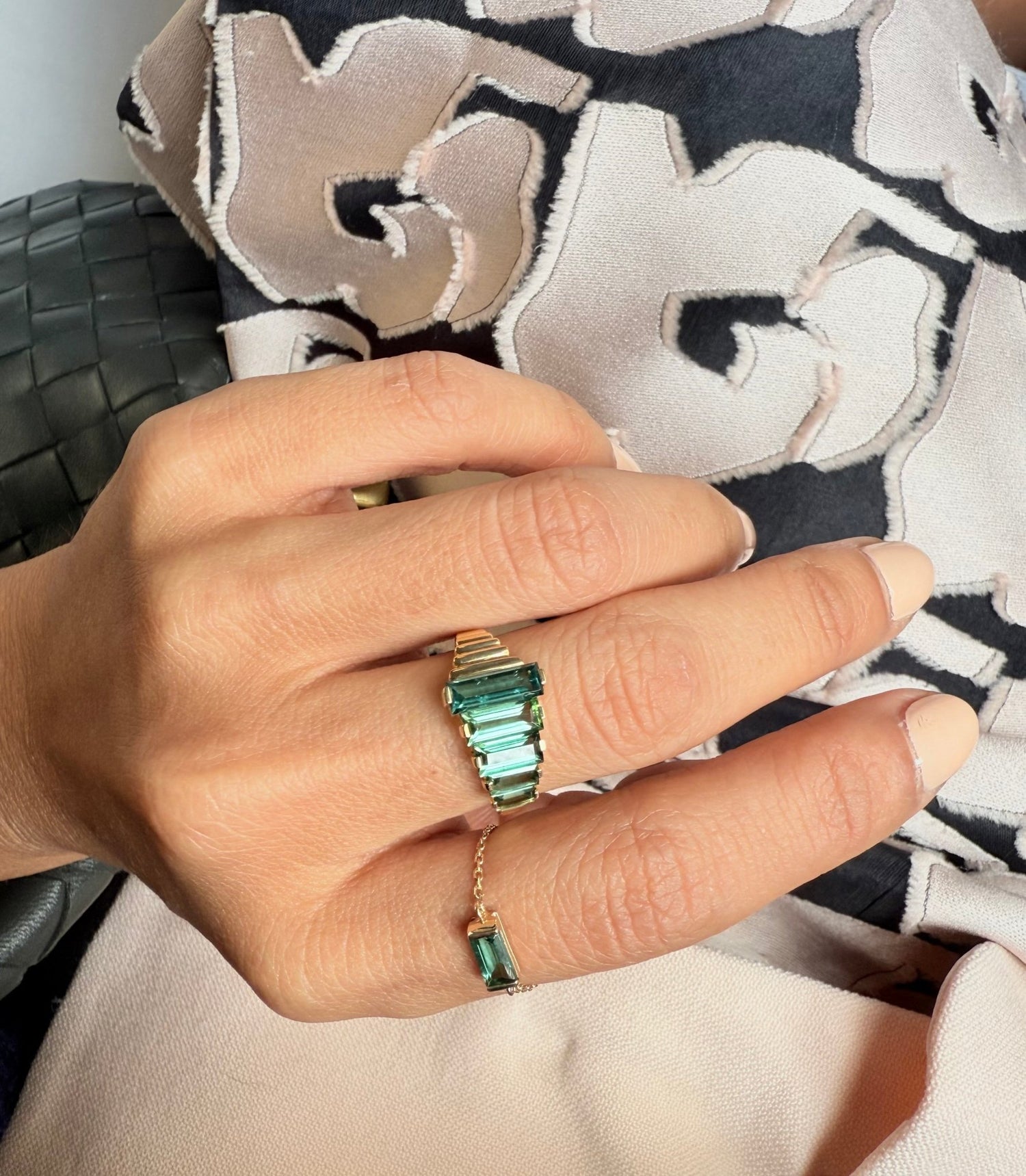 Indicolite & Green Tourmaline Crescendo Ring 18k gold Stackable ring on model