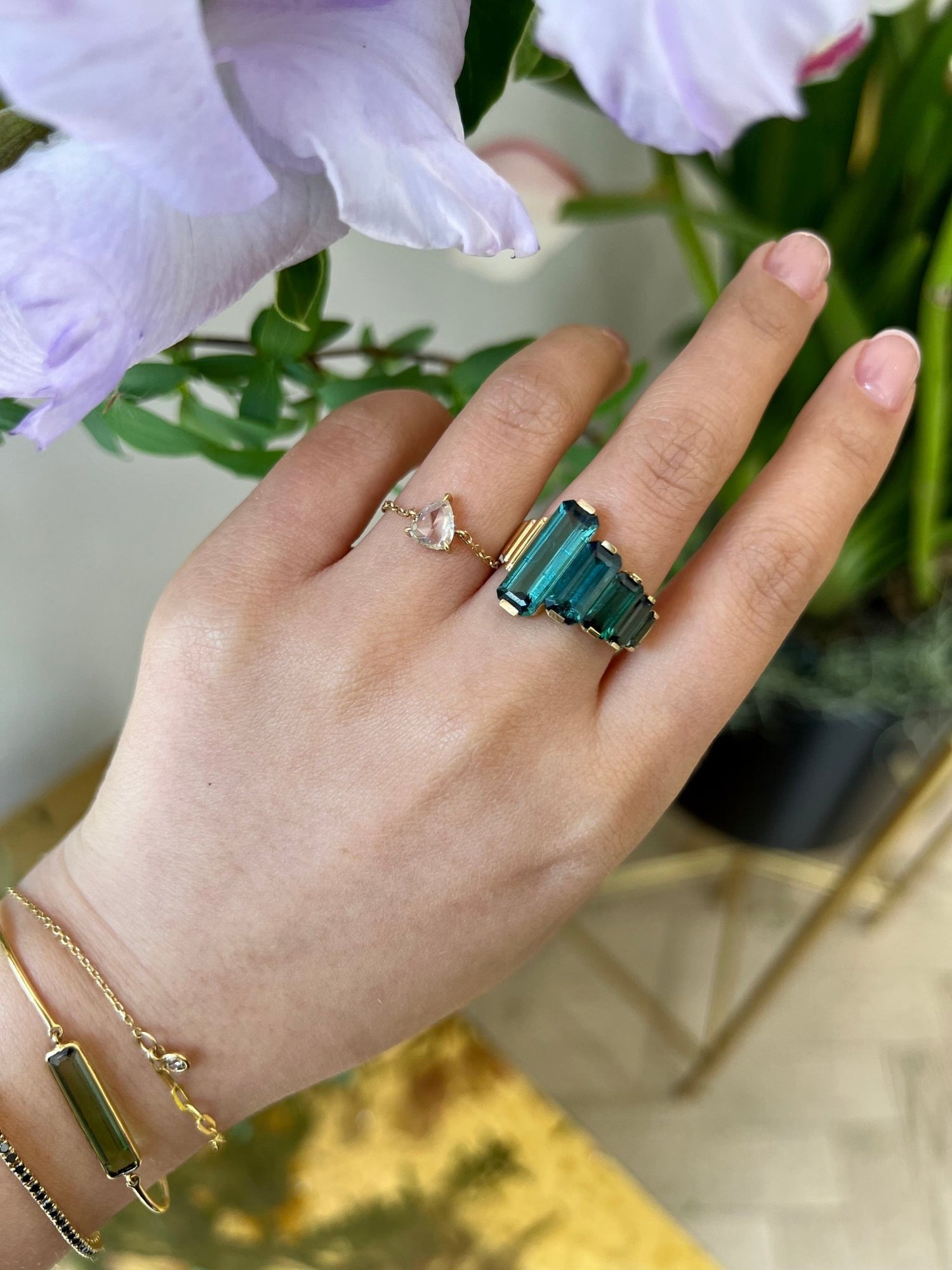 Indicolite Tourmaline Crescendo Supreme Ring 18k gold Stackable ring on model