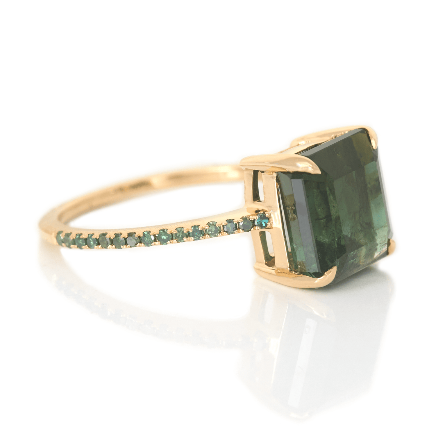 Indicolite Tourmaline & Green Diamond Raven Bar Ring 18K Gold Engagement Ring-2