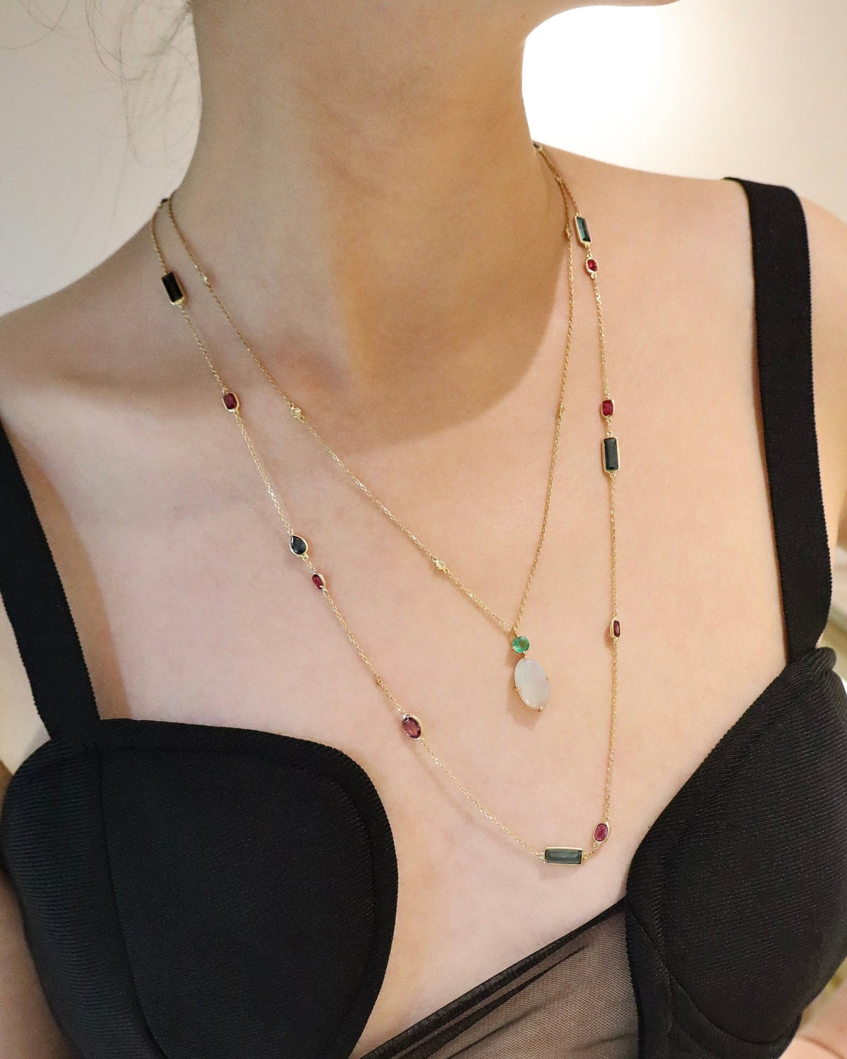 Indicolite Tourmaline & Spinel Candy Necklace 18K gold handmade fine jewelry on model