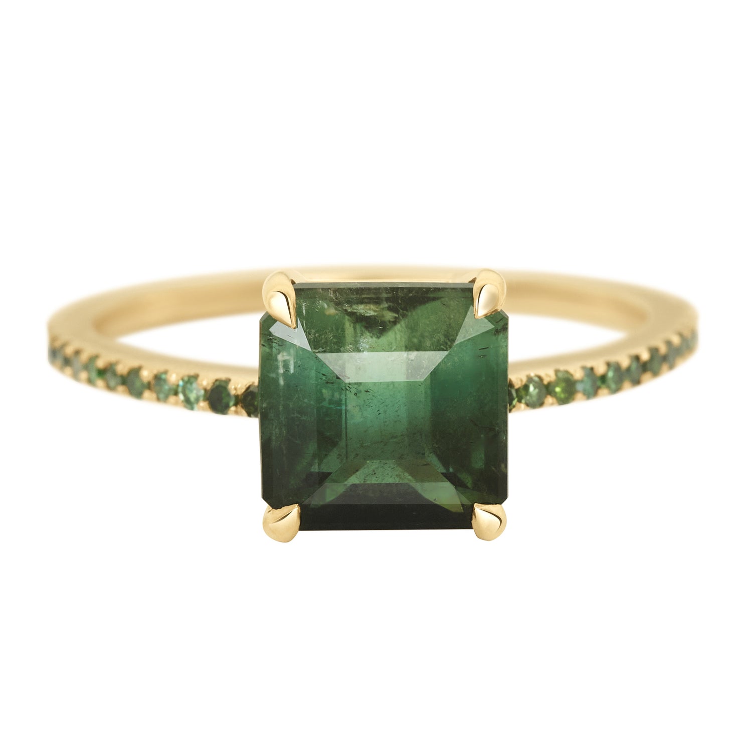 Indicolite Watermelon Tourmaline & Green Diamond Raven Bar Ring