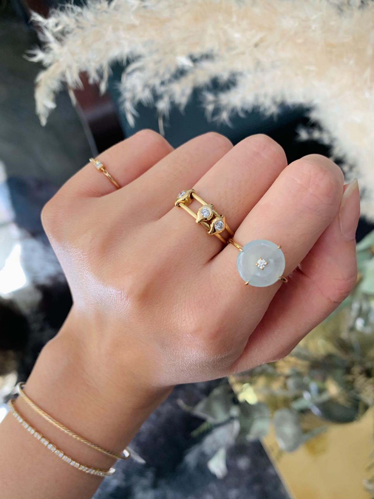 Jade & Diamond Spin Ring 18k gold stackable ring on model 2