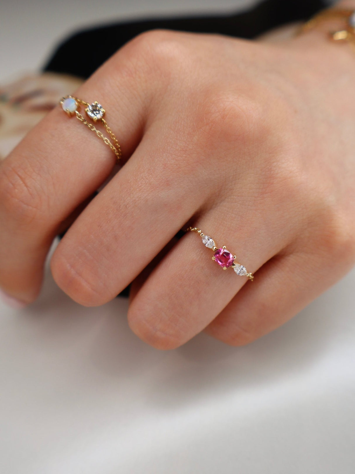 Jedi Spinel & Diamond Dream Weaver Chain Ring 18k gold stackable ring on model