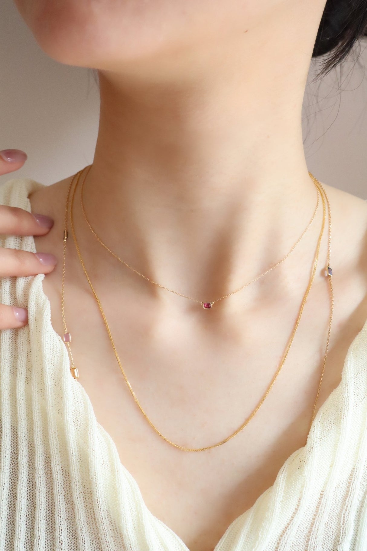 Jedi Spinel Petite Button Necklace  18K gold handmade fine jewelry on model 1