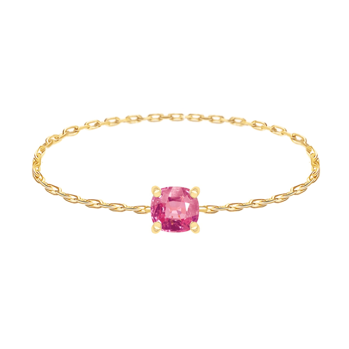 Gold chain ring with a pink gemstone on a white background