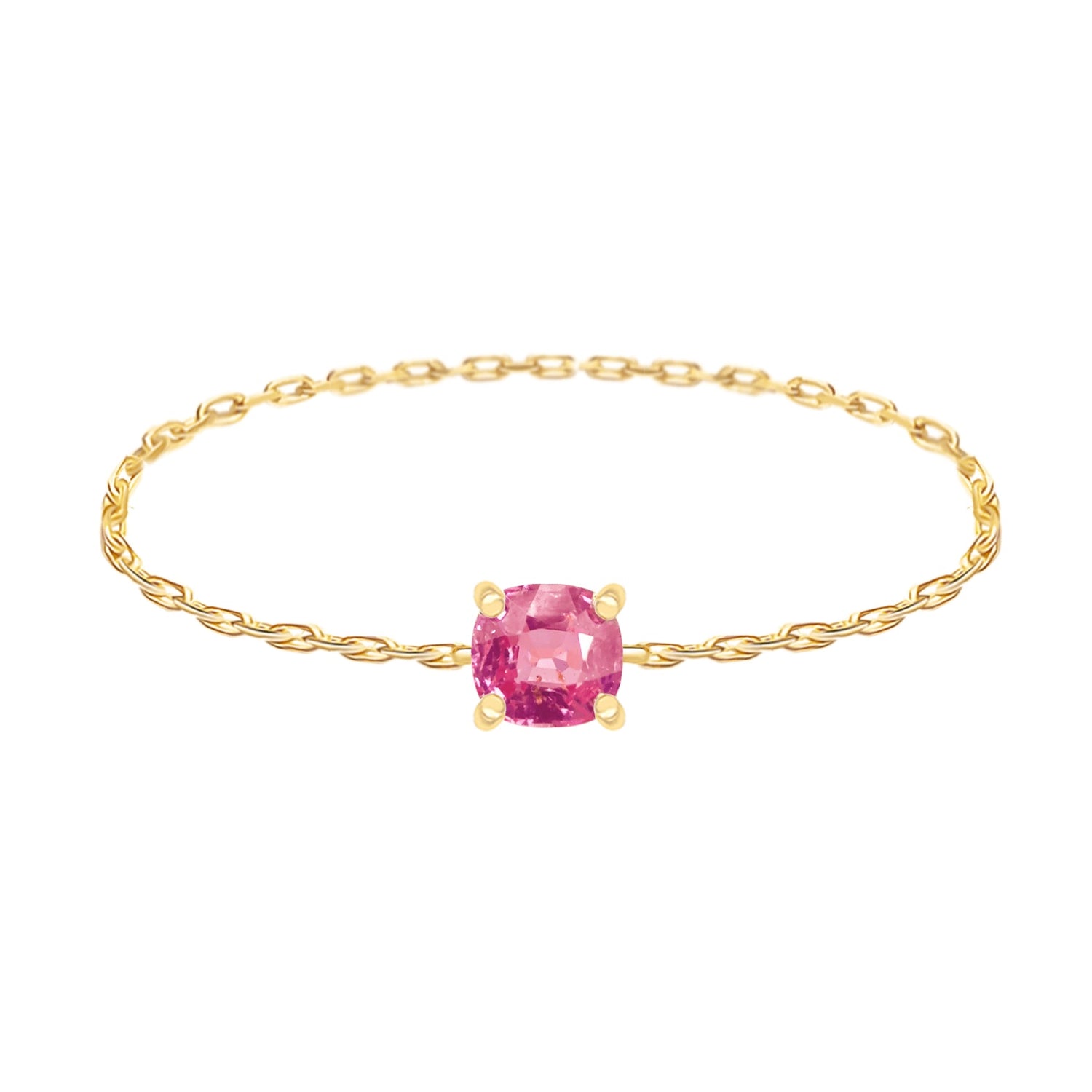 Gold chain ring with a pink gemstone on a white background