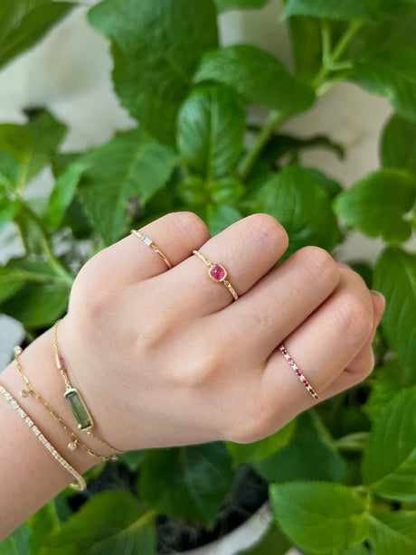 Jedi Spinel Petite Circle Diamond Ring 18k gold stackable ring on model