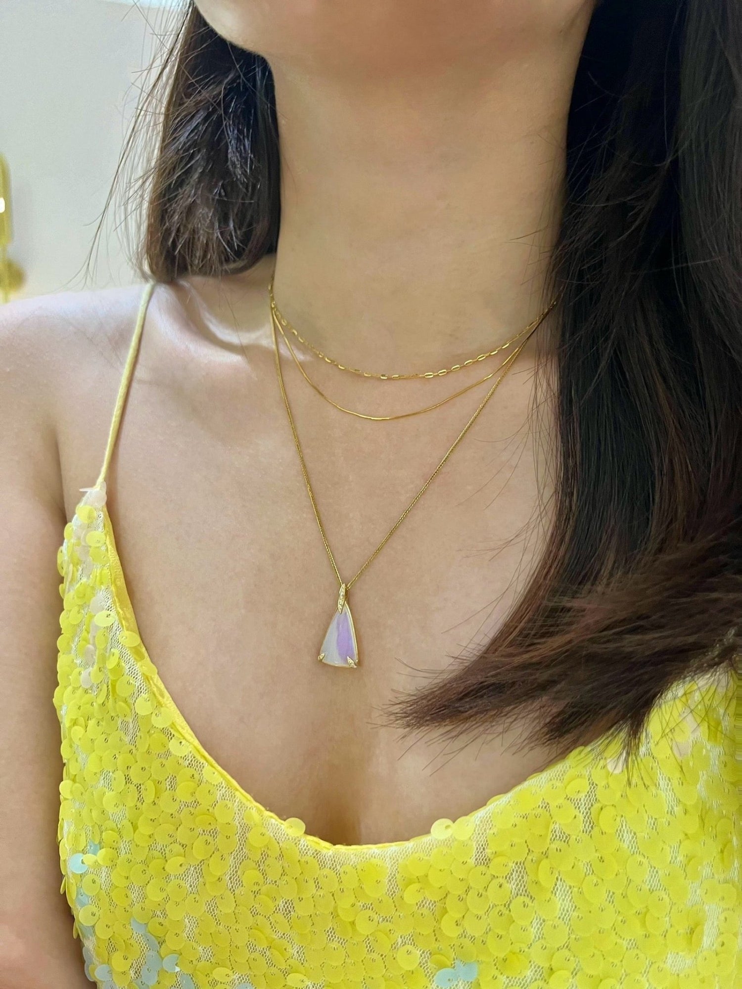 opal necklace with diamonds in 18k gold on model