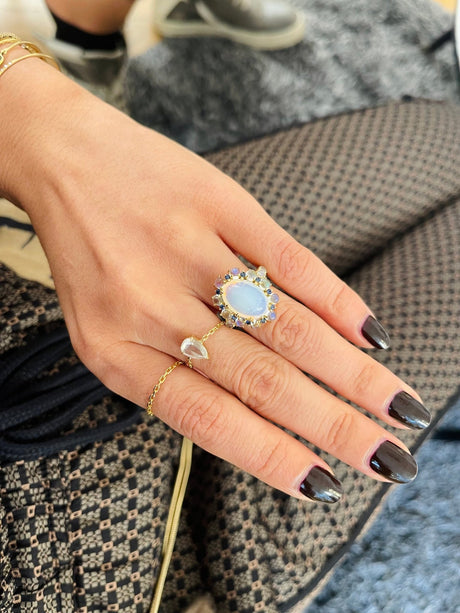 Jelly Opal & Moonstone Bubble Ring 18k gold engagement ring on model