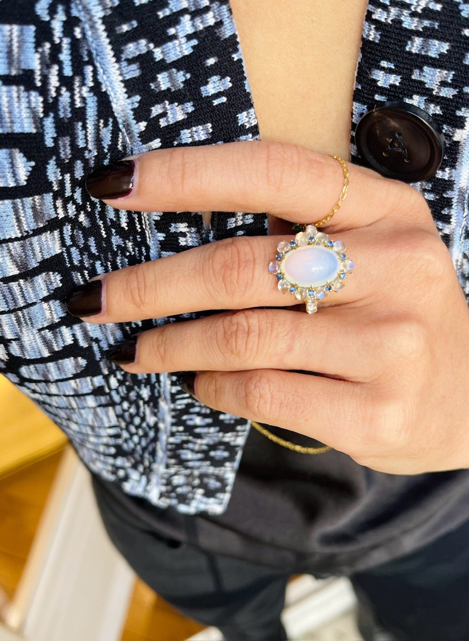 Jelly Opal & Moonstone Bubble Ring 18k gold engagement ring on model