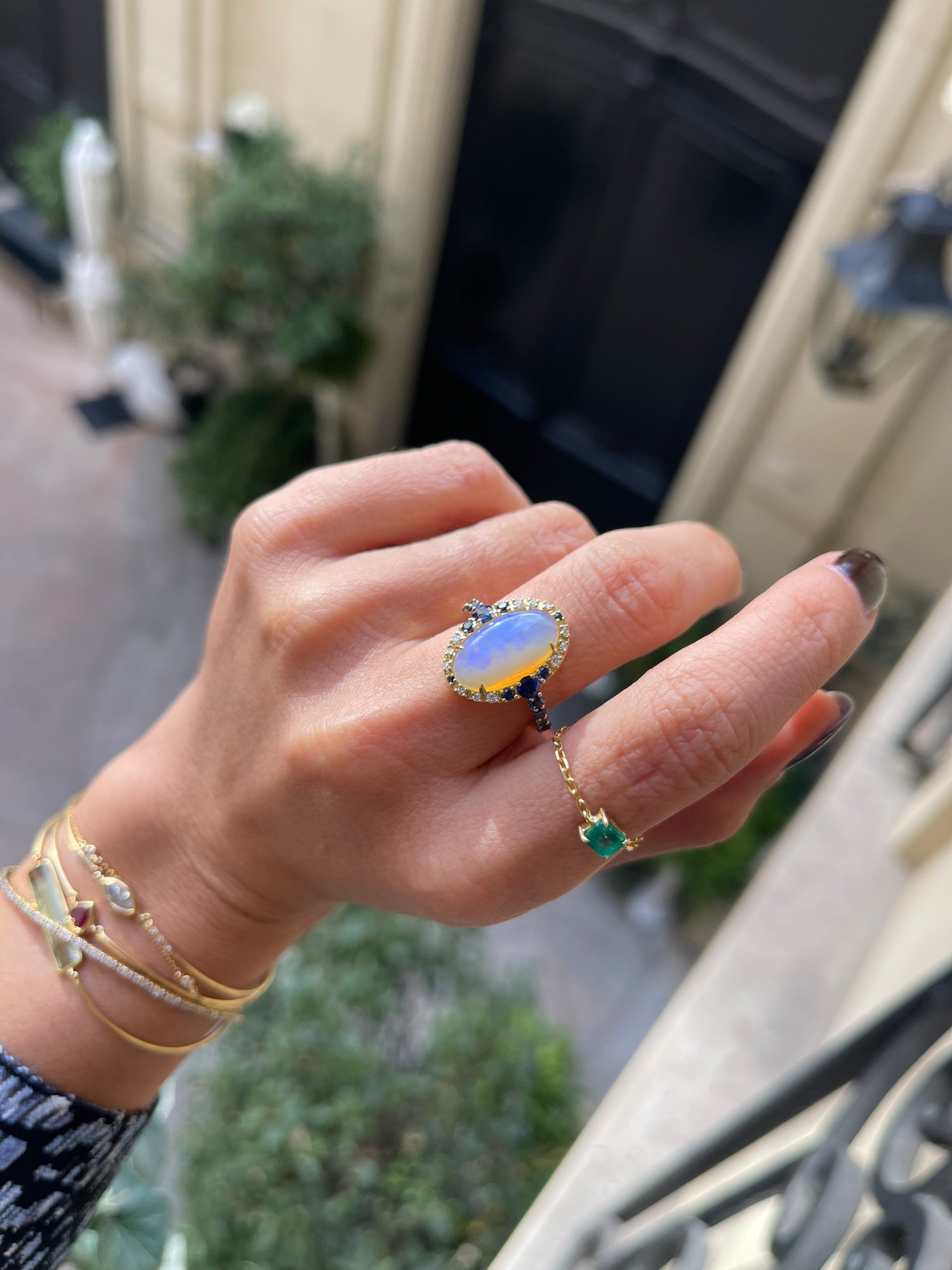 Jelly Opal, Sapphire & Diamond Nexus Ring 18k gold engagement ring on model