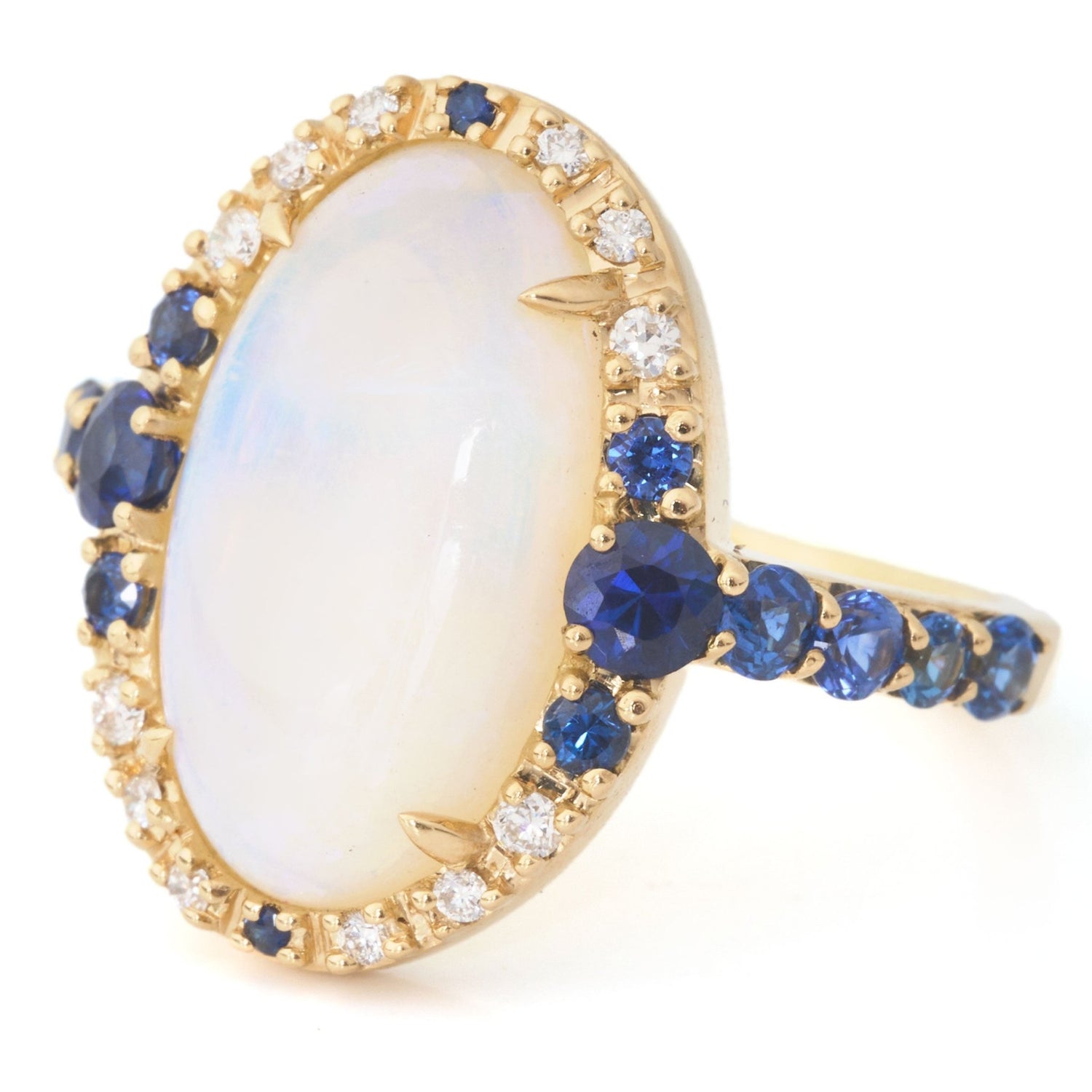 Jelly Opal, Sapphire & Diamond Nexus Ring 18k gold engagement ring on model side view