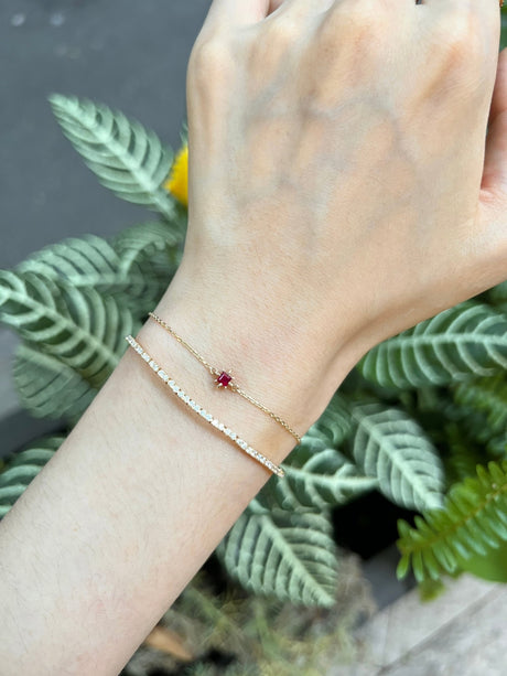 July Birthstone Ruby Bracelet 14k gold stackable design on model