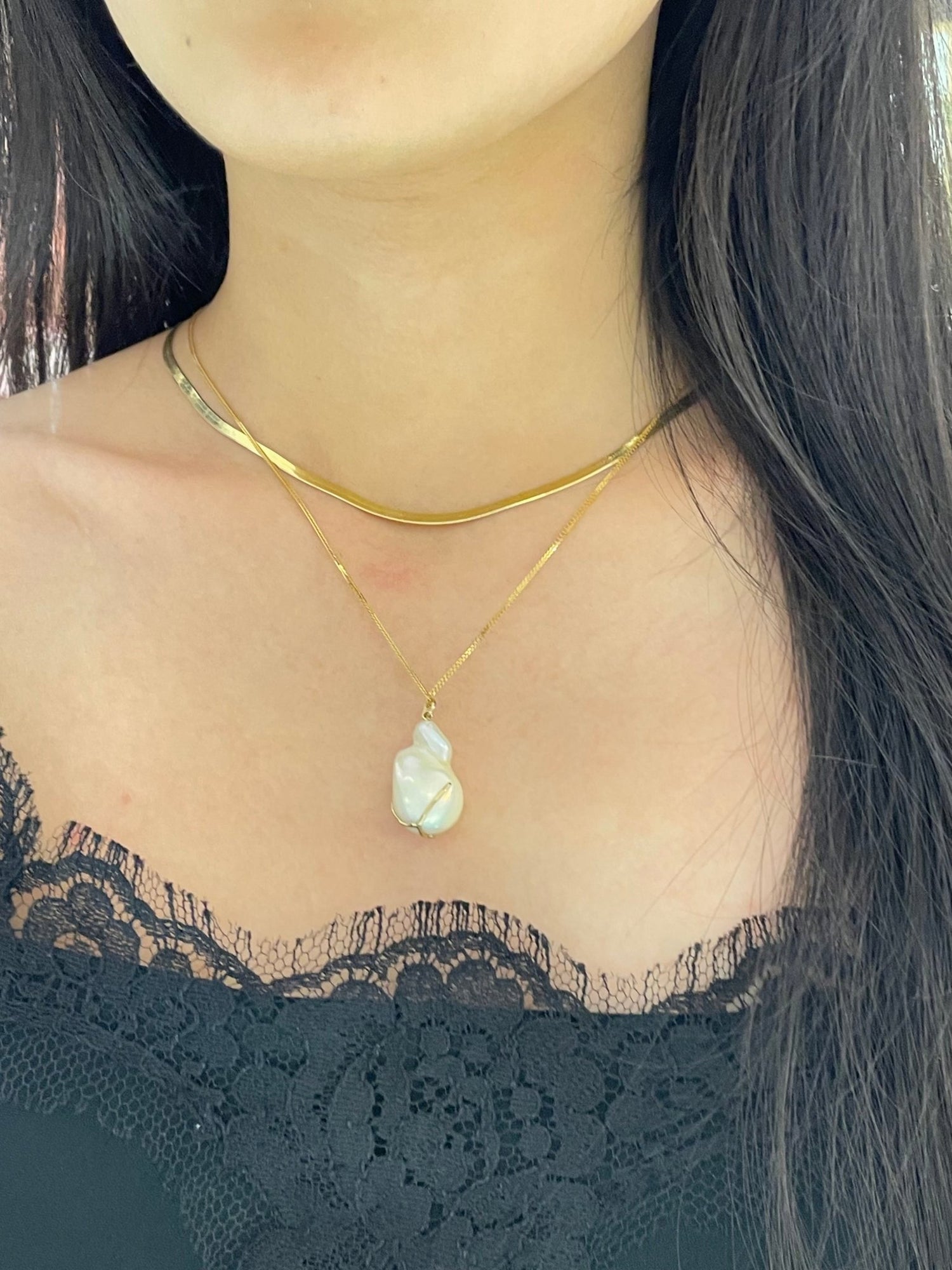 Kintsugi Pearl Necklace in 18k gold  handmade fine jewelry on model 3