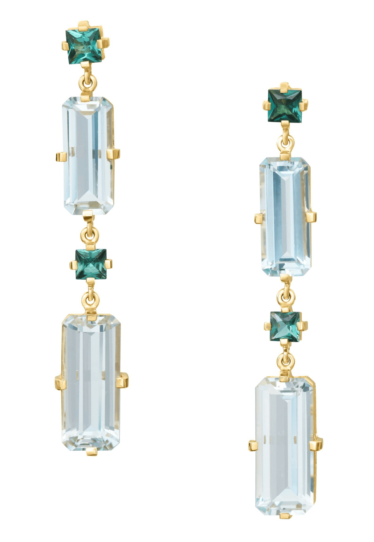 Lagoon Tourmaline & Aquamarine Cascade Bar Earrings 18K Gold Handmade Fine Jewelry