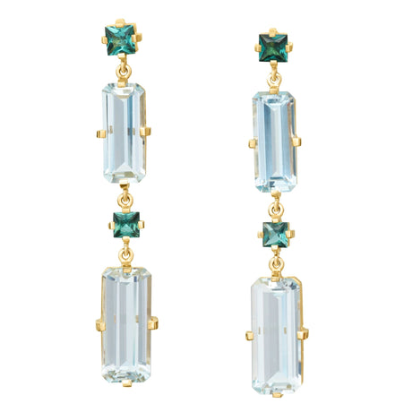 Lagoon Tourmaline Aquamarine Cascade Bar Earrings 18k gold Handmade fine jewelry